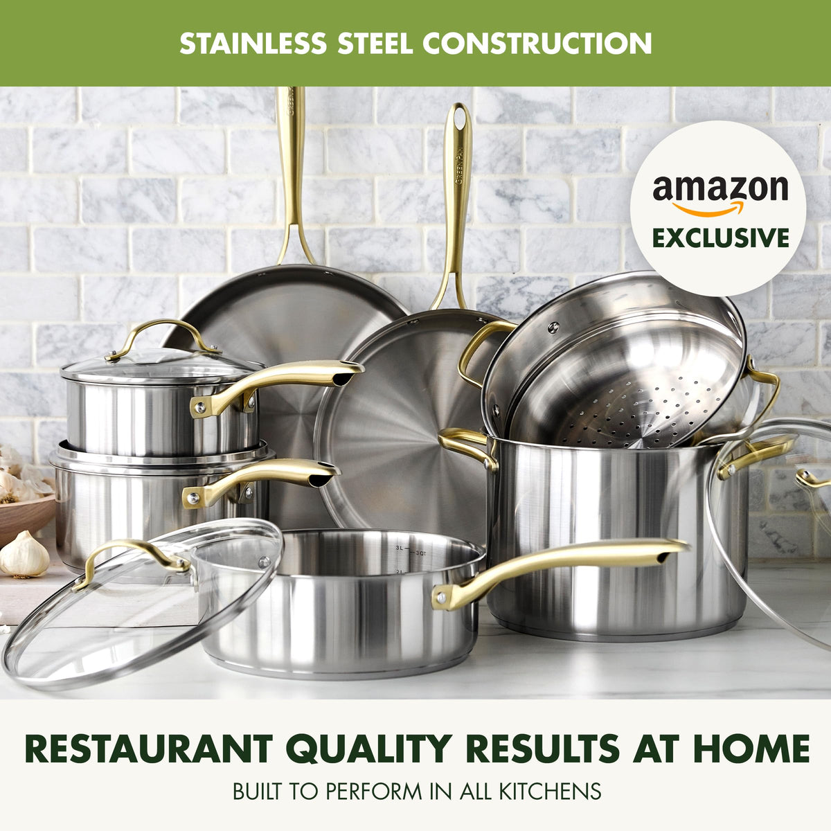 Stainless Steel Cookware Set (Gold-Tone Handle)