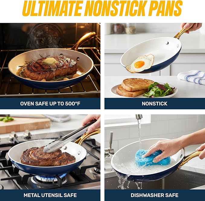 Gotham Steel 20pcs Pots and Pans Set Non Stick Ceramic Cookware Set with Deep Frying Pan Set & 6pc Knife Set, Improved Ti-Cerama Coating Made without PFOA PFOS Lasts 2x Longer, Oven & Dishwasher Safe