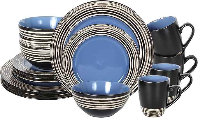 16 Piece Dinnerware Set, Ceramic Plates and Bowls Sets for 4, Microwave and Dishwasher Safe, Handcrafted Tree Bark Series Dish Set, Blue