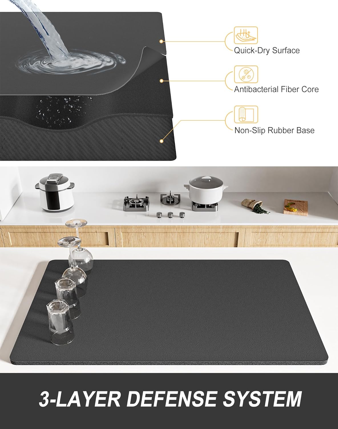 Rnivvi Dish Drying Mat for Kitchen Counter, XL 15 x 24" Super Absorbent Drainer Pad Easy Clean Dish Rack Pad, Non-Slip Heat Resistant Coffee Bar Mats for Coffee Machine Station Accessories Decor, Gray