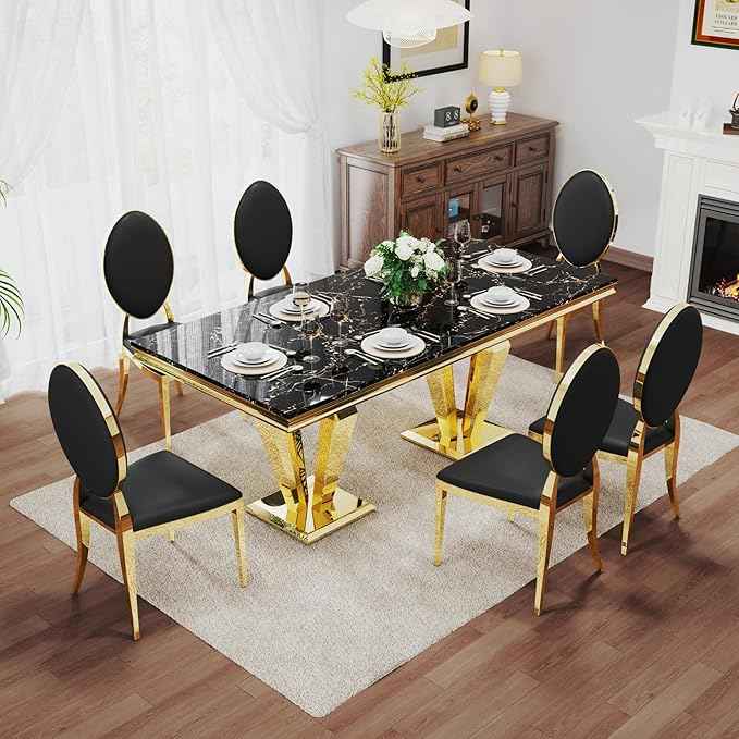AF ARTISAN FURNITURE 7 Piece Luxury Dining Room Set, Modern Dining Table and Upholstered Chairs Set, Marble Kitchen Table Set for 6, Big Kitchen Dinner Tables Kit with Gold Base