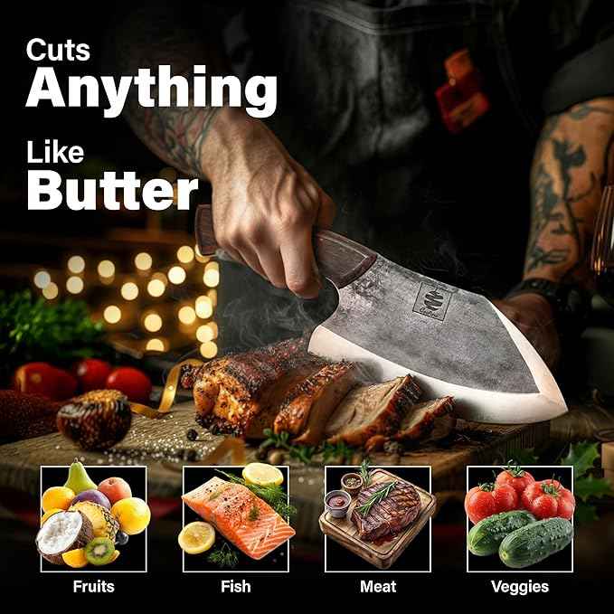 COOLINA Lixy Cleaver Chef Knife, 8.7-in Hand-forged High Manganese Clad Steel, Full Tang Butcher Knife, Razor Sharp Kitchen Knife for Camping, Outdoor Cooking, Slicing, Cutting Meat