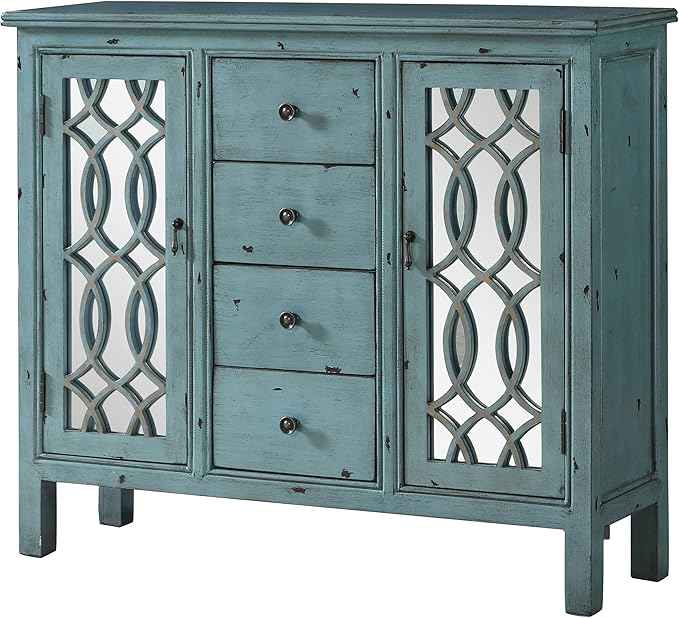 Coaster Home Furnishings - Rue - 4-Drawer Wood Accent Cabinet with Farmhouse Style, Trellis Pattern, Doors & Shelves - Living Room, Entryway & Home Kitchen - Blue - 950736