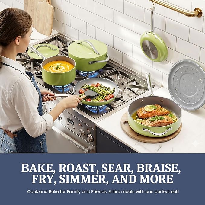 CookinCraze CookinCraze Ceramic Cookware Set, Pots and Pans Set Nonstick with Lid PFAS & PFOA Free, Induction Compatible Oven Safe Up to 500°F Even Heat Distribution, Olive Green