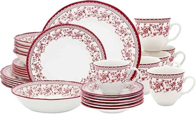 Tudor Royal Collection 30 Piece Round Dinnerware Set, Service for 6, Aster Pink Design, Red Floral, Plates Bowls Saucers Mugs Dishes, High Gloss Premium Quality