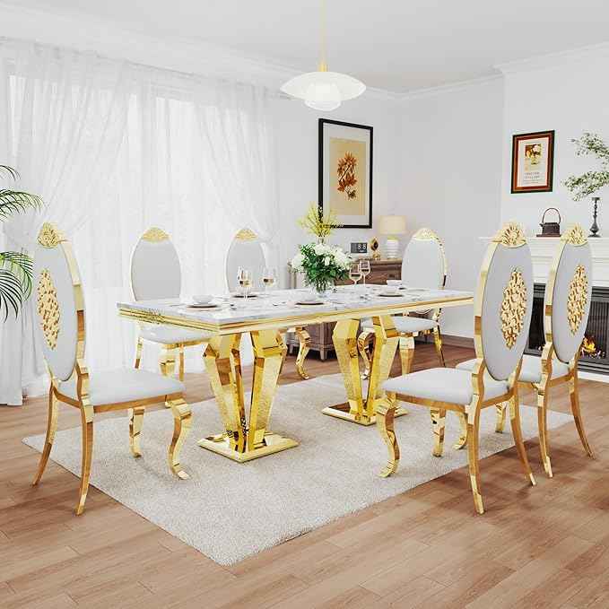 AF ARTISAN FURNITURE 7 Piece Luxury Dining Room Set, Modern Dining Table and Upholstered Chairs Set, Marble Kitchen Table Set for 6, Big Kitchen Dinner Tables Kit with Silver Base