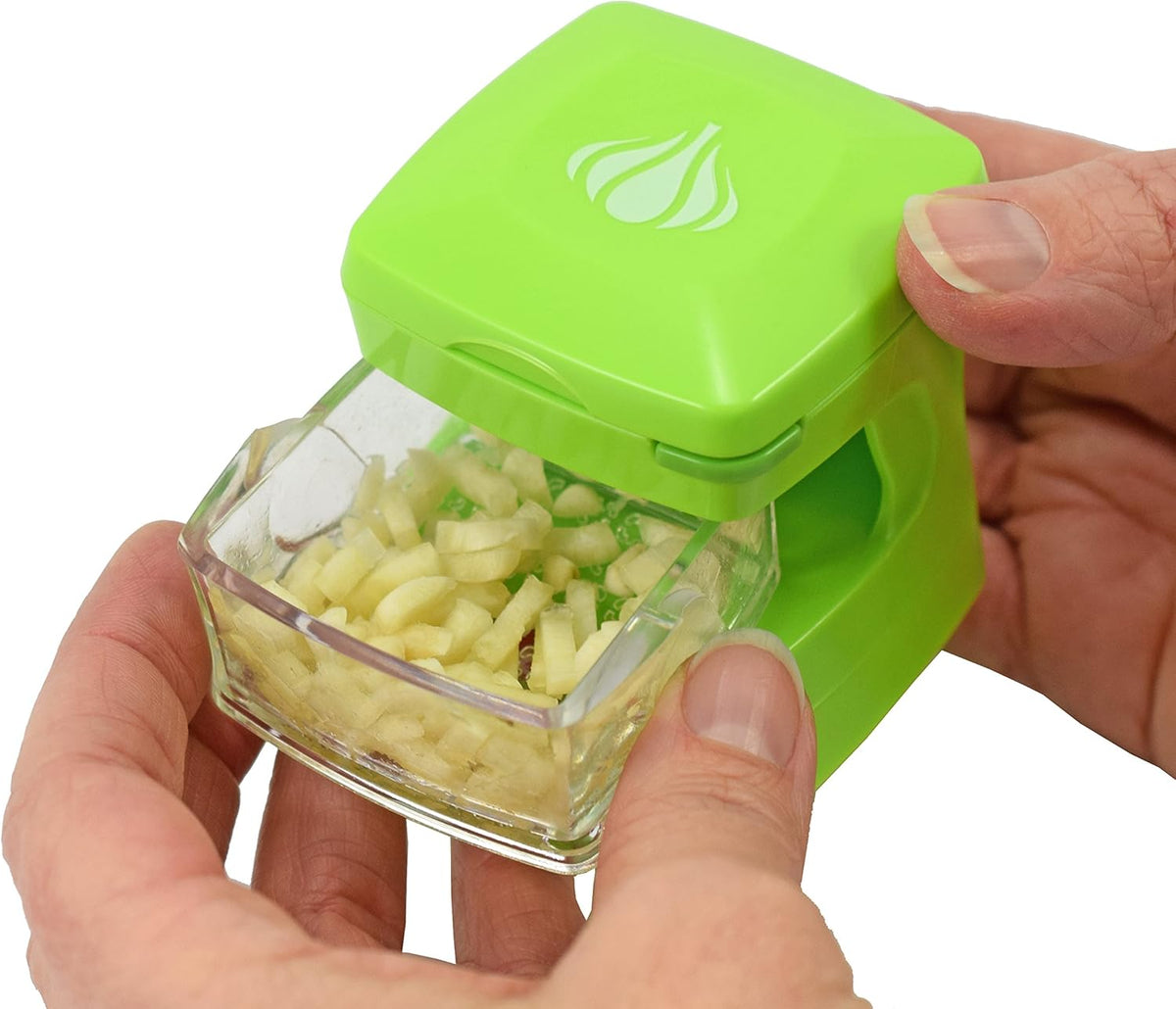 Garlic-A-Peel Garlic Press, Crusher, Cutter, Mincer, and Storage Container - Includes Silicone Garlic Peeler - Easy to Clean - Stainless Steel Blades – (Green), standard - HomeSpice