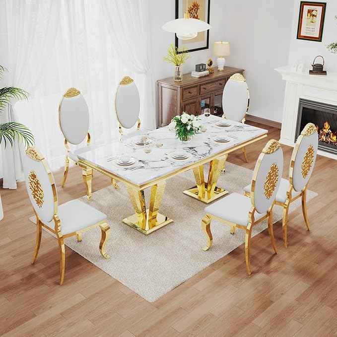 AF ARTISAN FURNITURE 7 Piece Luxury Dining Room Set, Modern Dining Table and Upholstered Chairs Set, Marble Kitchen Table Set for 6, Big Kitchen Dinner Tables Kit with Silver Base