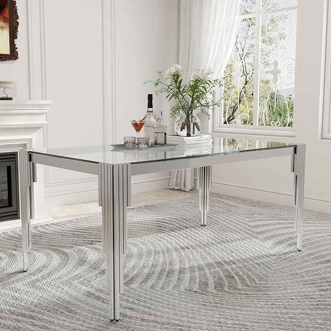 63'' Modern Glass Dining Table for 4-6 People,Tempered Glass Top Dining Room Table with Stainless Steel Base, Glass and Silver Dining Table for 6, Rectangle Dining Kitchen Table for Dinner