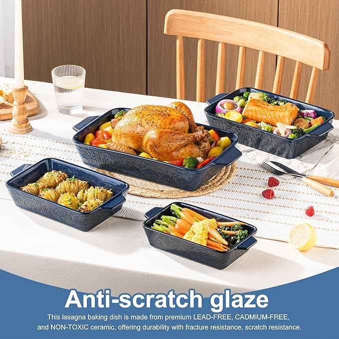 Casserole Dishes for Oven, Baking Dishes, Ceramic Bakeware Sets of 4, Rectangular Baking Pan Set with Handles for Baking, Casserole, Kitchen, Wedding Gift (Blue)