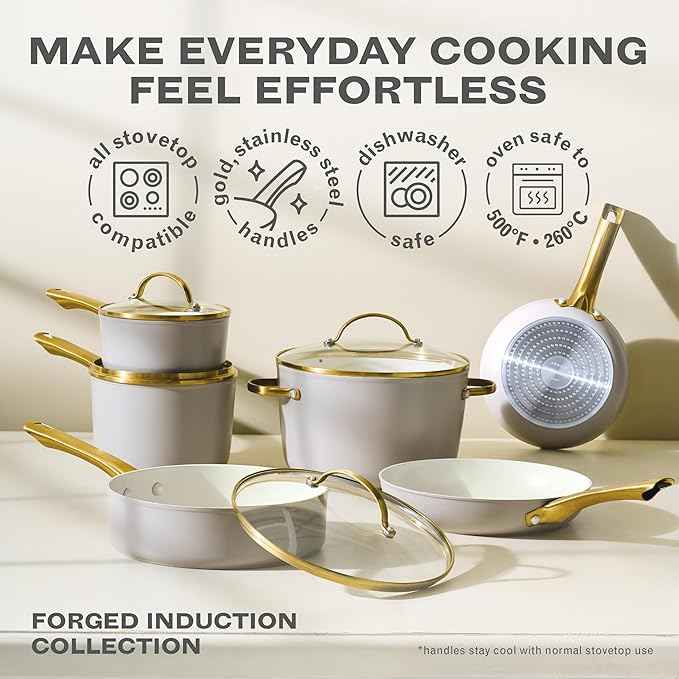Farberware Forged Induction Ceramic Nonstick Pots and Pans Set with Cooking Tools, Dishwasher Safe, Gold Color Stainless Steel Handles, 12 Piece Cookware Set - Taupe