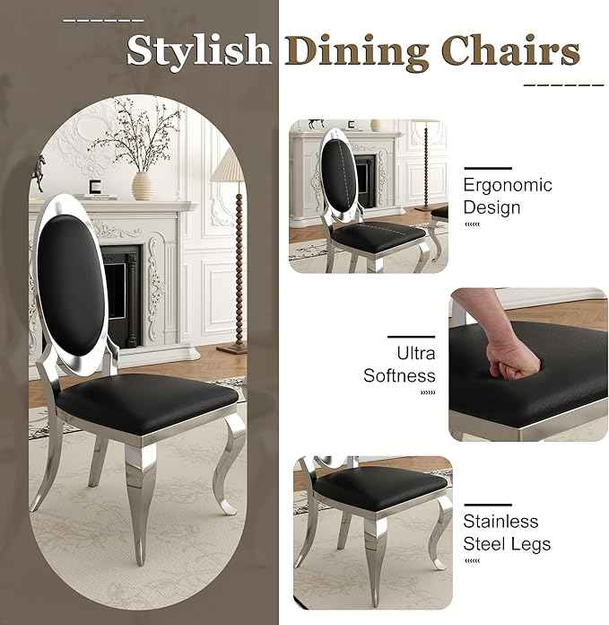 Modern Dining Chairs Set of 6, Luxury Faux Leather Upholstered Armless Dining Room Chair with Mirrored Stainless Steel Silver Legs, Mid Century Accent for Wedding Party Banquet Reception, Black