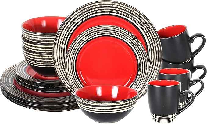 16 Piece Dinnerware Set, Ceramic Plates and Bowls Sets for 4, Microwave and Dishwasher Safe, Handcrafted Tree Bark Series Dish Set, Strawberry/Red