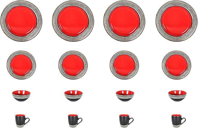 16 Piece Dinnerware Set, Ceramic Plates and Bowls Sets for 4, Microwave and Dishwasher Safe, Handcrafted Tree Bark Series Dish Set, Strawberry/Red