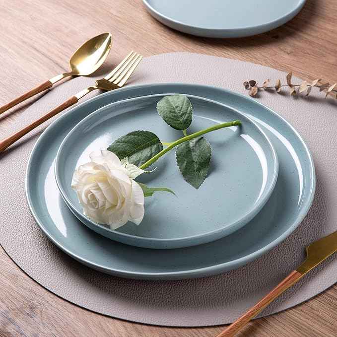 AmorArc Ceramic Dinnerware Sets for 8, 24 Pieces Handpainted Plates and Bowls Set with Rustic Terracotta Underside, Scratch Resistant Stoneware Dishes Set, Dishwasher & Microwave Safe, Stone Blue
