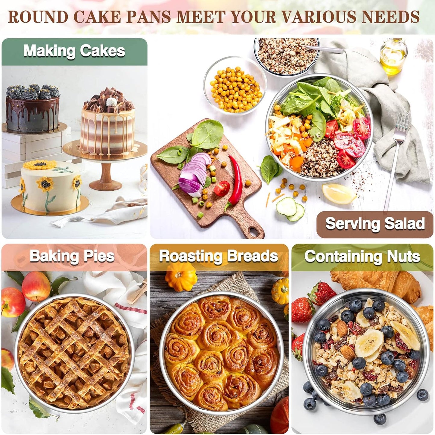 P&P CHEF 6 Inch Round Cake Pan Set of 3, Stainless Steel Round Baking Layer Pans Bakeware for Layer Birthday Cake, Fit Oven/Pots/Pressure Cooker, Leakproof & Dishwasher Safe, Silver