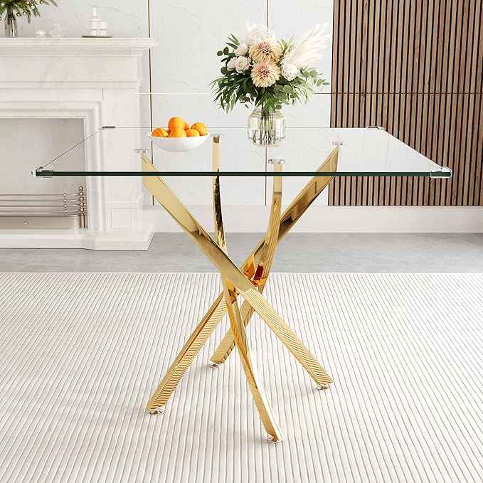 AF ARTISAN FURNITURE Square Glass Dining Table for 4, 36'' Modern Kitchen Table with Tempered Glass Top, Dining Table for Office Kitchen Living Meeting Room Small Space, Golden