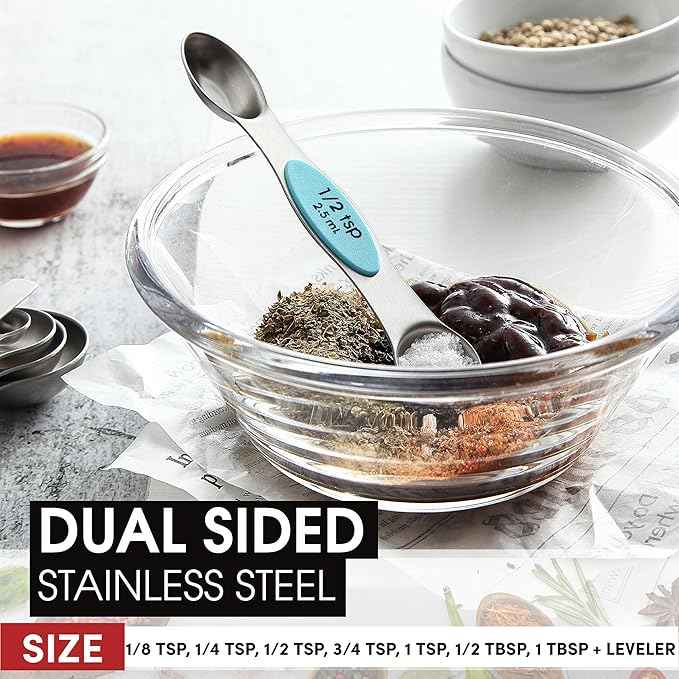 Spring Chef Stainless Steel Magnetic Measuring Spoons Set of 8 with Leveler, Metal Teaspoon & Tablespoon Measuring Spoons with Strong Magnets, Kitchen Gadgets for Baking & Cooking - 2 Pack - Aqua Sky