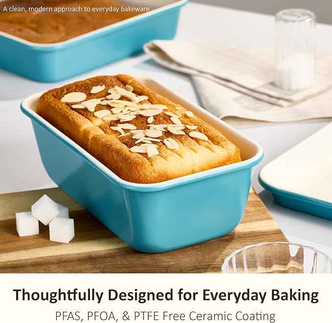 CAROTE 7-Piece Nonstick Ceramic Baking Pans Set - Bakeware Sets Including Cookie Sheets for Baking, Muffin Pan, Bread Pan, Cake pan, Loaf Pan, Roasting Pan, and Cooling Rack, LIght Blue & White