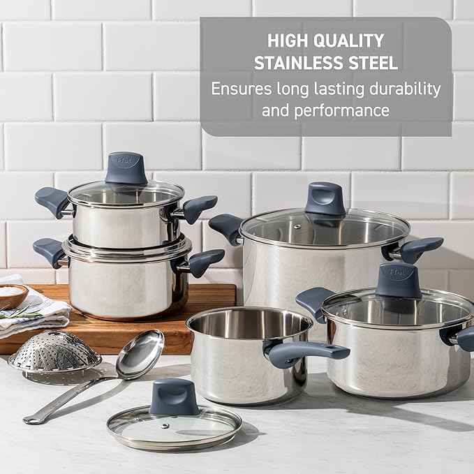 T-fal Essentials Stainless Steel Saute Pan with Lid 3.5 Quart, Induction Compatible, Oven Safe 350F, Perfect For Sautéing, Browning, & Simmering, Saucepan, Measuring Marks, Dishwasher Safe Silver/Blue