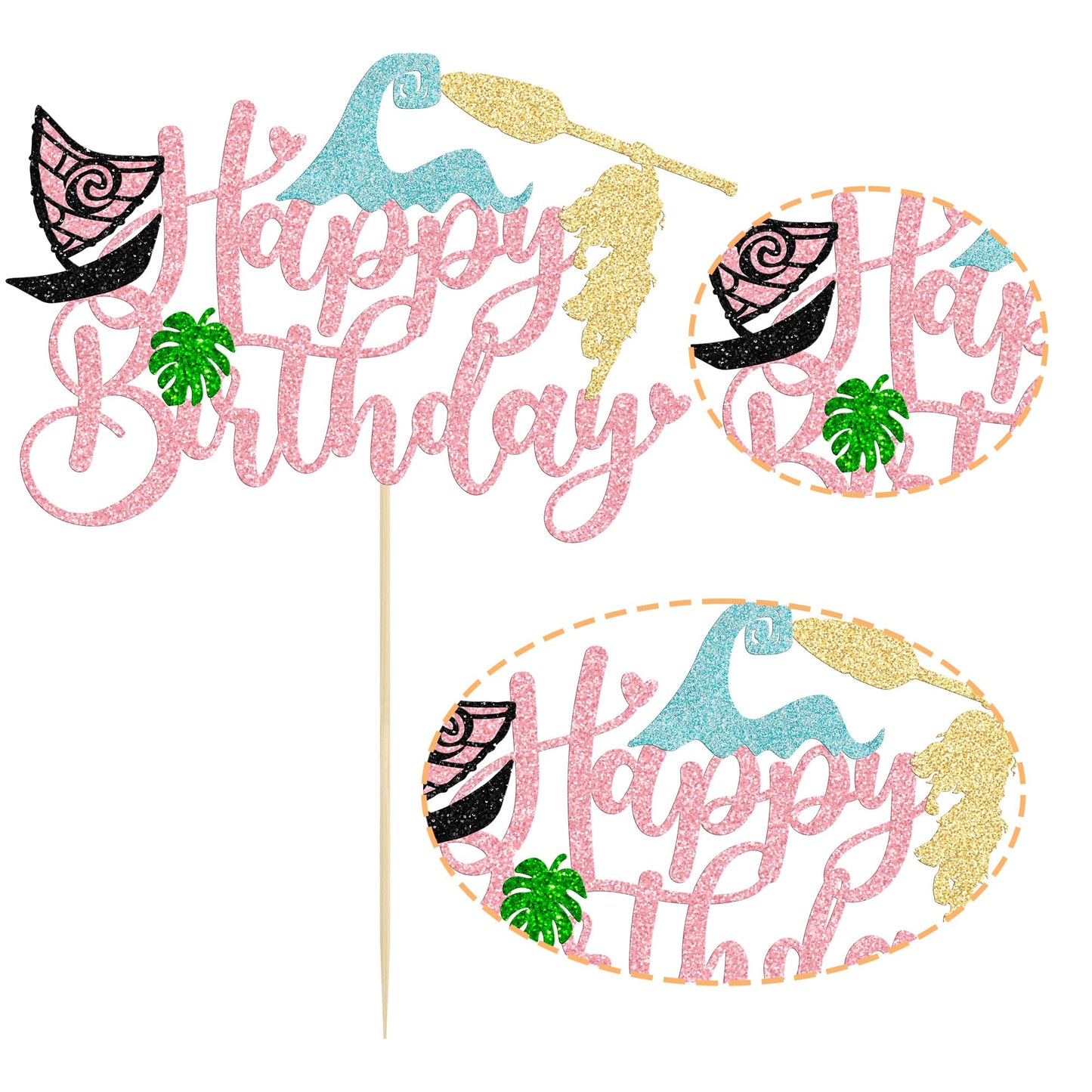 1Pcs Summer Cake Topper Glitter Tree Flower Happy Birthday Cake Pick Decoration for Tropical Hawaiian Luau Theme Baby Shower Kids Birthday Party Cake Decorations Supplies Pink (Pink 4)