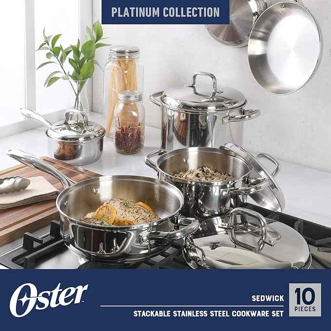 Oster Platinum Sedwick Stackable Stainless Steel Pots and Pans Cookware Set W/Domed Stainless Steel Lids W/TriPly Encapsulated Base - Induction Safe