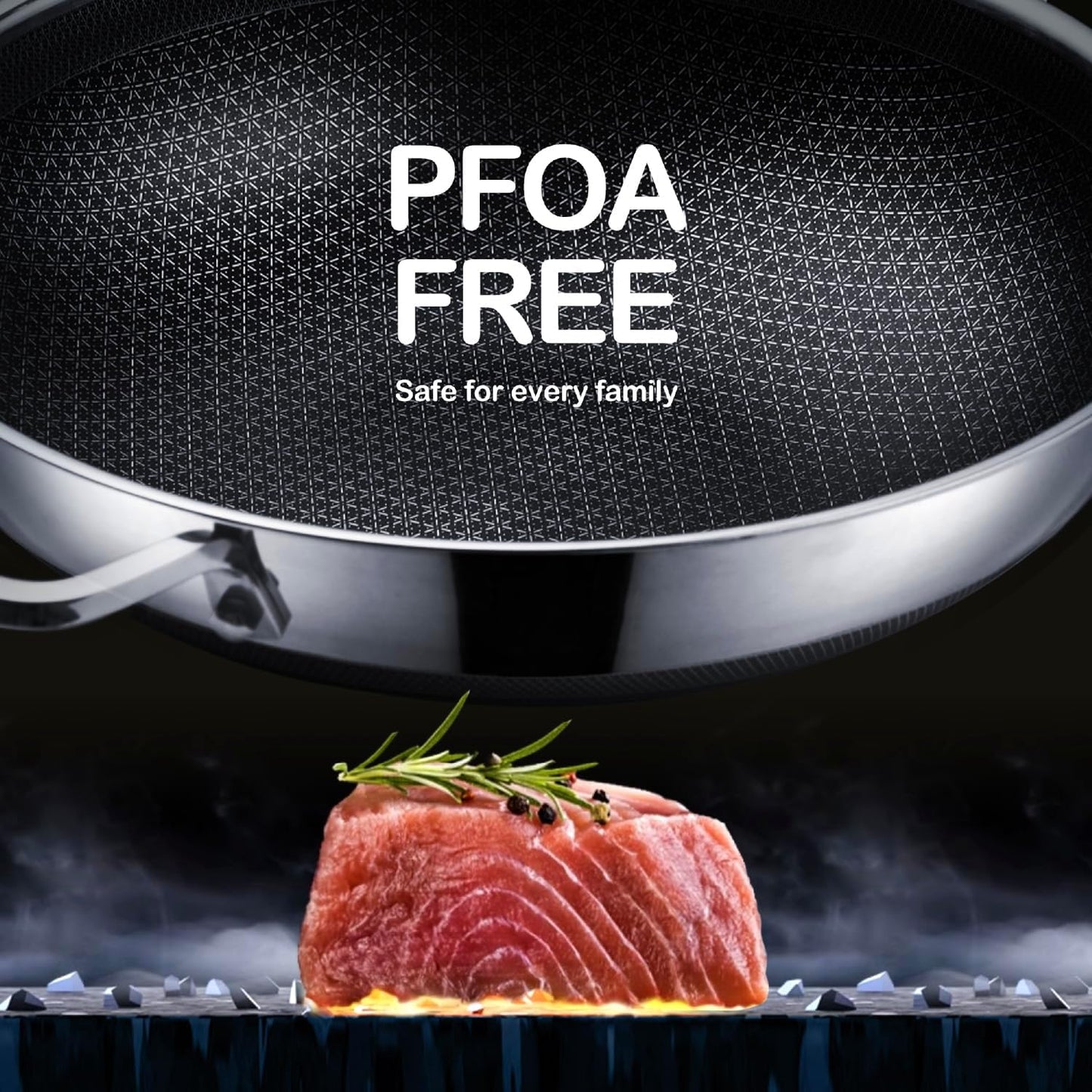 Wok pan,Hybrid 13 inch Wok with Lid, PFOA Free Cookware,non stick Stainless Steel Woks & Stir-fry pans Nonstick, Dishwasher and Oven Safe, Works on Induction