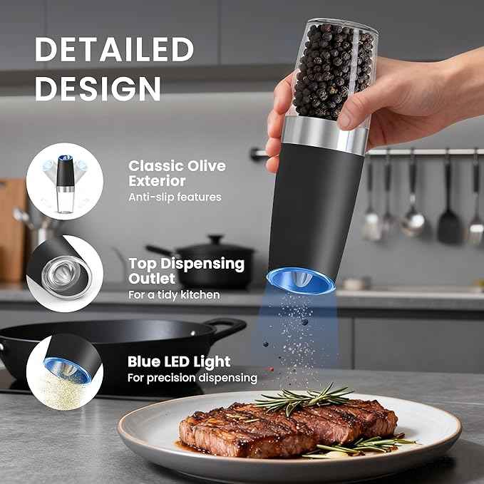 Gravity Electric Salt and Pepper Grinder set of 2, Automatic Salt And Pepper Grinder Set, Adjustable Roughness, Battery Powered, LED Light, 2 Pack, (Black)