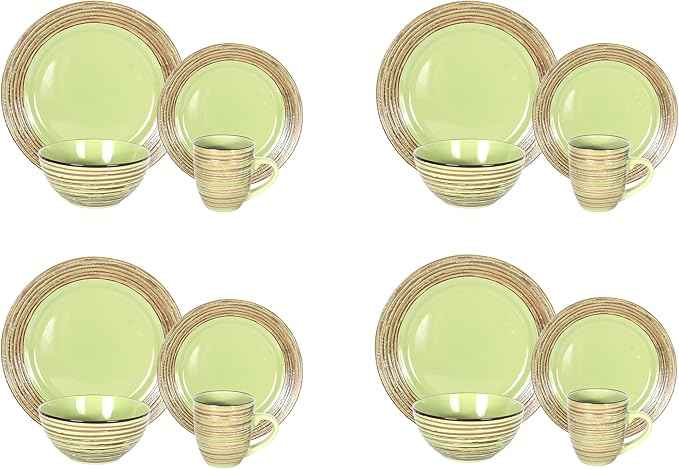 16 Piece Dinnerware Set, Ceramic Plates and Bowls Sets for 4, Microwave and Dishwasher Safe, Handcrafted Tree Bark Series Dish Set, Oak Forest/Dark Green