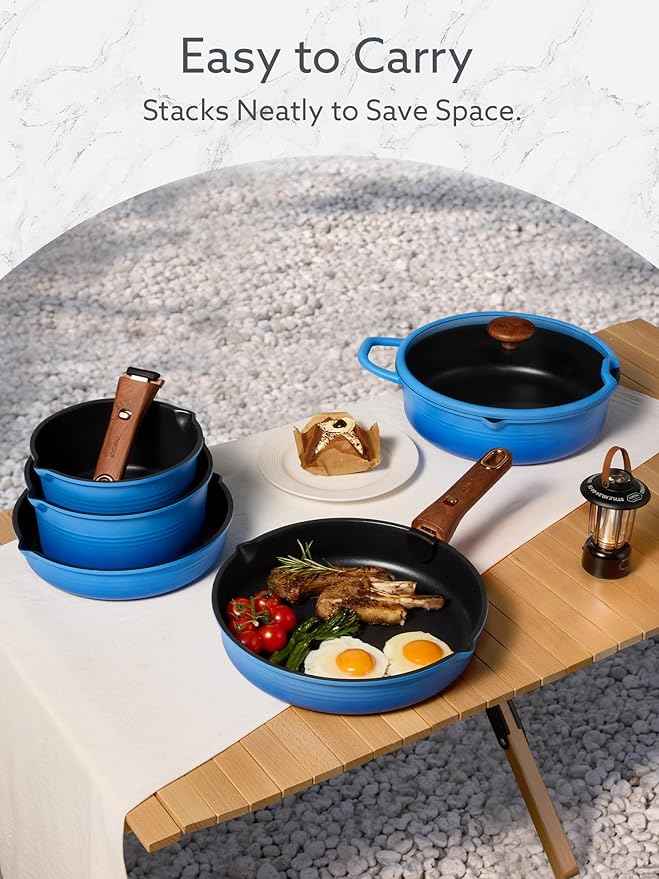 CAROTE 20Pcs Titanium Cookware Set, Pots and Pans Set Non Stick, Kitchen Cooking Set with Detachable Handle, Non Toxic Induction Cookware - Camping Cookware, Dishwasher/Oven Safe, Blue