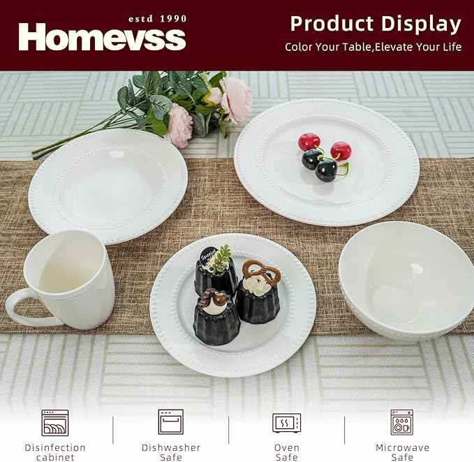 HomeVss, New Bone China Dinnerware Set, Embossed Pearl Design, 40pc Dinnerware Set