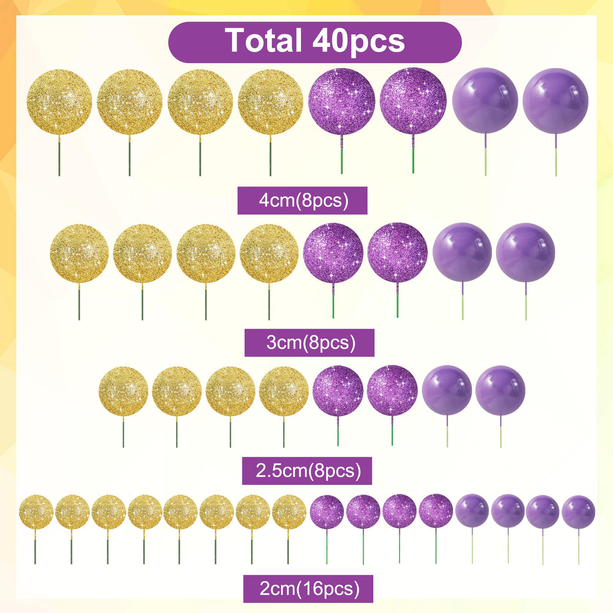 40 Pcs Ball Cake Toppers Mini Balls Cake Decorations Purple Gold Foam Balls DIY Cake Topper for Baking Congrats Grade 2026 Graduation Birthday Mardi Gras Lakers Decorations (40 Count)