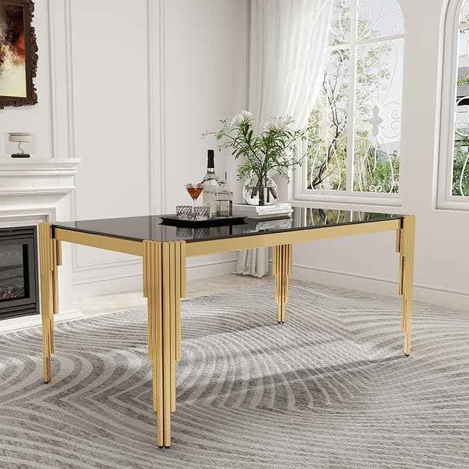 63'' Modern Glass Dining Table for 4-6 People,Black Tempered Glass Top Dining Room Table with Stainless Steel Base, Glass and Gold Dining Table for 6, Rectangle Dining Kitchen Table for Dinner