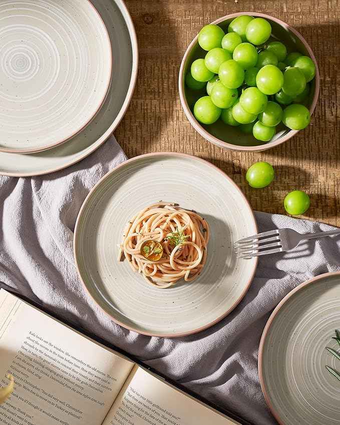 Famiware Meteor Plates and Bowls Sets, 18-Piece Stoneware Dinnerware Sets, Dishes Set for 6, Microwave and Dishwasher Safe Tableware, Matcha Green