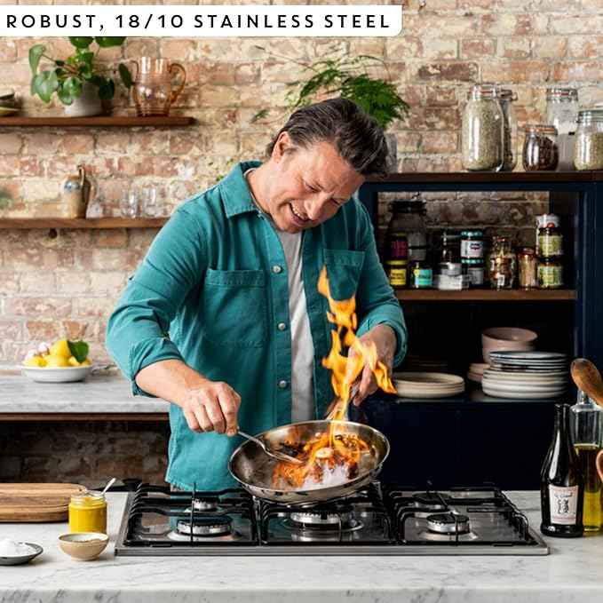 T-Fal x Jamie Oliver Stainless Steel Fry Pan 9.5-Inch, Induction Compatible, Oven Safe up to 500°F, Chef's Stainless Steel Skillet, Frying Pan, Silver