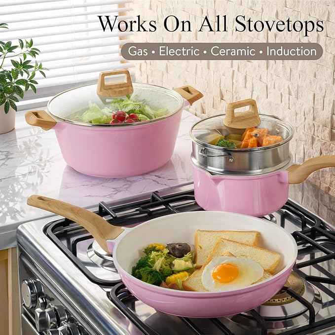 CAROTE 21 PCS Ceramic Cookware Set, Pots and Pans Set Non Stick, Pot and Pan Set with Frying pan, Induction Ready Cooking Set for Kitchen, PFOS/PFOA/PFAS Free, Pink