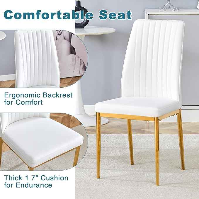 White Golden Dining Chairs Set - Modern PU Leather Armless Chairs with Metal Legs for Dinner Room, Office, Waiting Room (Set of 6)