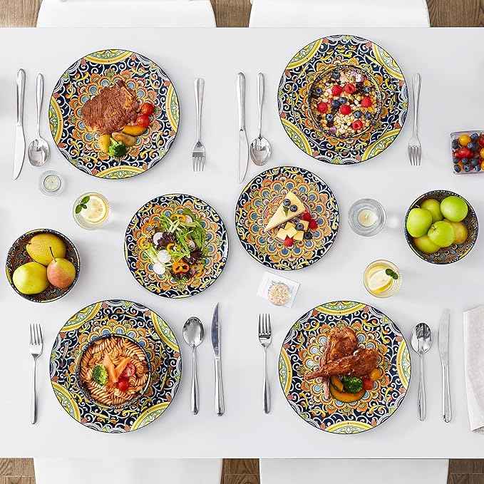 vancasso 12 Pieces Dinnerware Sets, Dark Green Plates and Bowls Set, Porcelain Dishes Set for 4, Microwave and Dishwasher Safe, Scratch Resistant, Bohemian Style Dining Ware Service for 4, Series SIMI