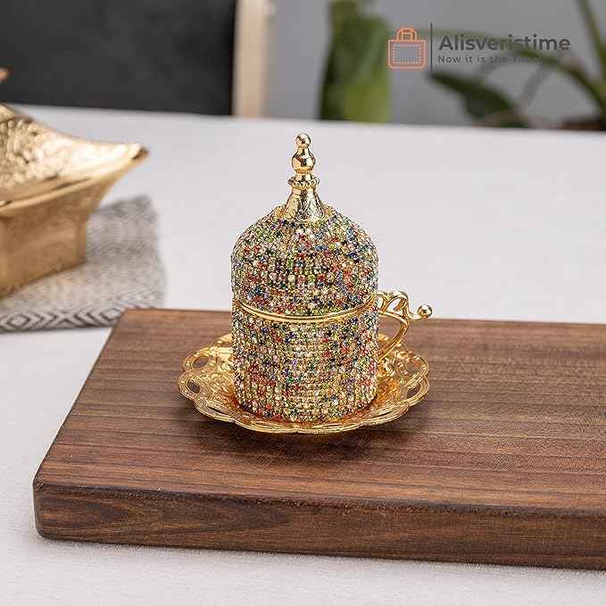 Alisveristime Crystal Embellished Turkish Coffee Set – 27 Pieces – Decorative Zamac Espresso Cups, Saucers and Sugar Bowl with Tray – Available in Three Color Variations (Multi)