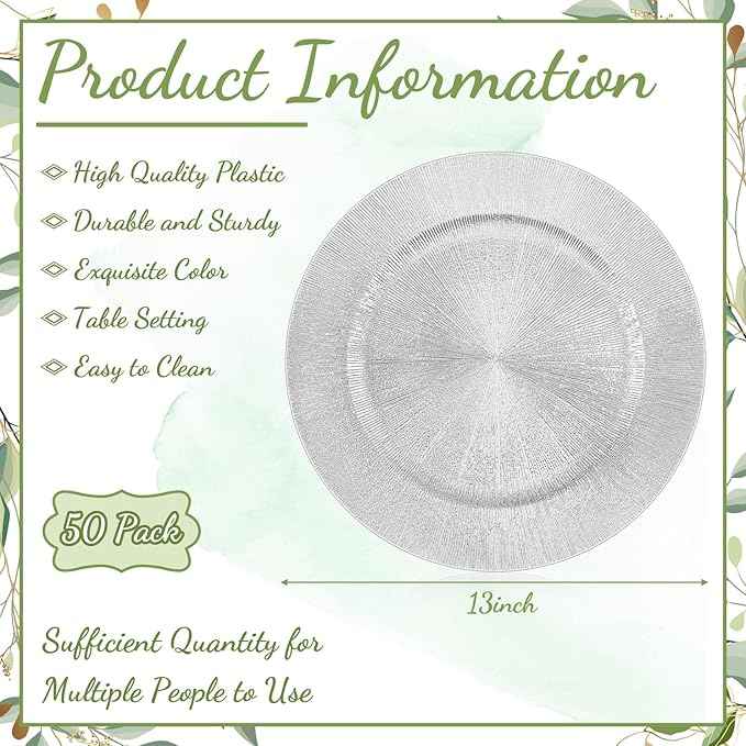 Tanlade 50 Pcs Silver Charger Plates Bulk, 13" Round Plastic Dinner Charger Plate, Shiny Silver Table Chargers Serving Plates Catering Tabletop for Thanksgiving Halloween Christmas Wedding Party Decor