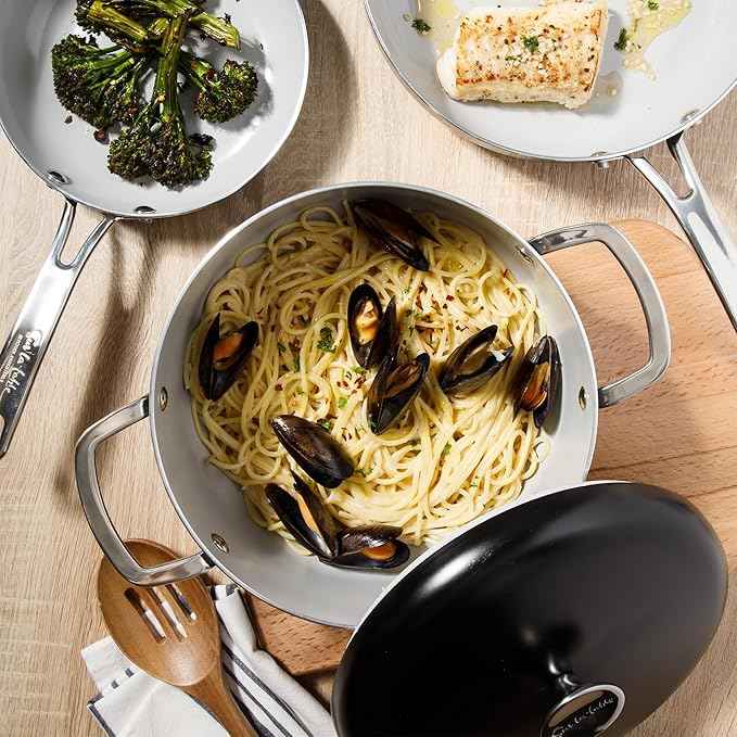 Sur La Table Kitchen Essentials Potluck Porch 10 Piece PFA Free Ceramic Non stick Interior Forged Aluminum Cookware Pots and Pans Set W/Aluminum Lids - Black - Induction Compatible