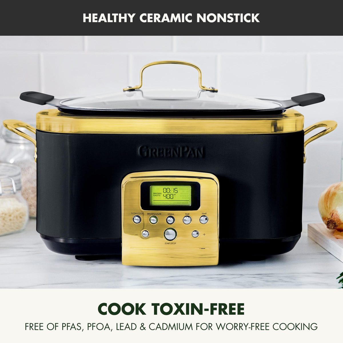 Elite 8-in-1 Programmable 6QT Electric Slow Cooker, Dishwasher Safe Lid & Removable Crock, PFAS-Free Healthy Ceramic Nonstick Multi-Cooker, Sear, Sauté, Brown, Steam Basket, Roast, Gold (6 Quarts / Gold)