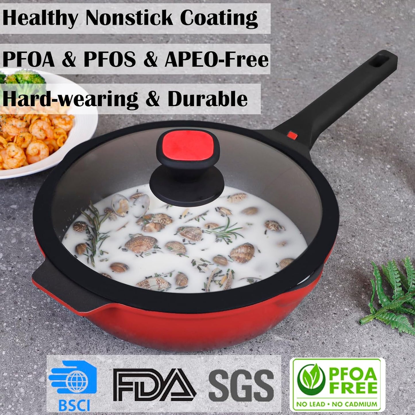 DIIG Nonstick Deep Frying Pan Skillet with Lid, 12 inch/ 5.5 QT Saute Pan with Silicone Spatula, Sauce Cookware Cooking Chef Pans, Cast Aluminum Induction Compatible, Ruby Red