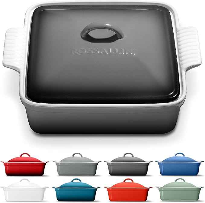 Stoneware Casserole Dish Bakeware with Lid | Covered Square Dinnerware | Medium 2 Quart, [Oyster Grey]