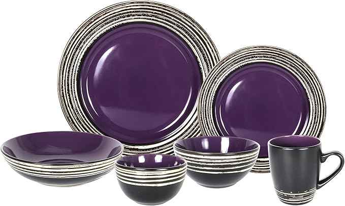 48 Piece Dinnerware Set, Ceramic Plates and Bowls Sets for 8, Microwave and Dishwasher Safe, Handcrafted Tree Bark Series Dish Set, Lavender/Purple