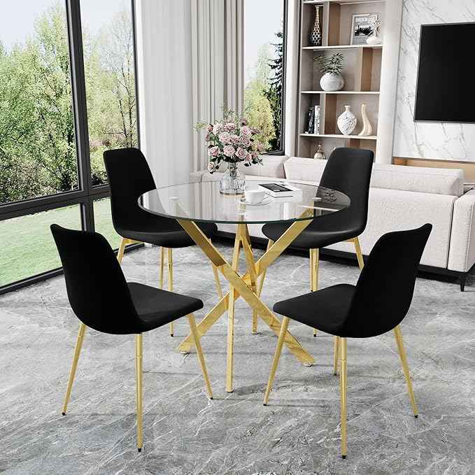 AF ARTISAN FURNITURE 36" Round Glass Dining Table Set for 4, 5-Piece Modern Kitchen Table with 4 Black Velvet Chairs, Modern Circle Leisure Table for Home Office Dining Room Small Spaces (Gold Leg)