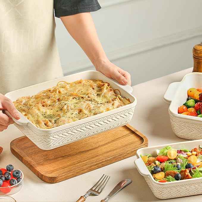 Casserole Dishes for Oven, Ceramic Baking Dishes Set of 3, Rectangular Lasagna Pans Casserole Dish Set for Baking, Cooking, Kitchen, Cake Dinner, Banquet (15.4''/12.3''/9.8'')