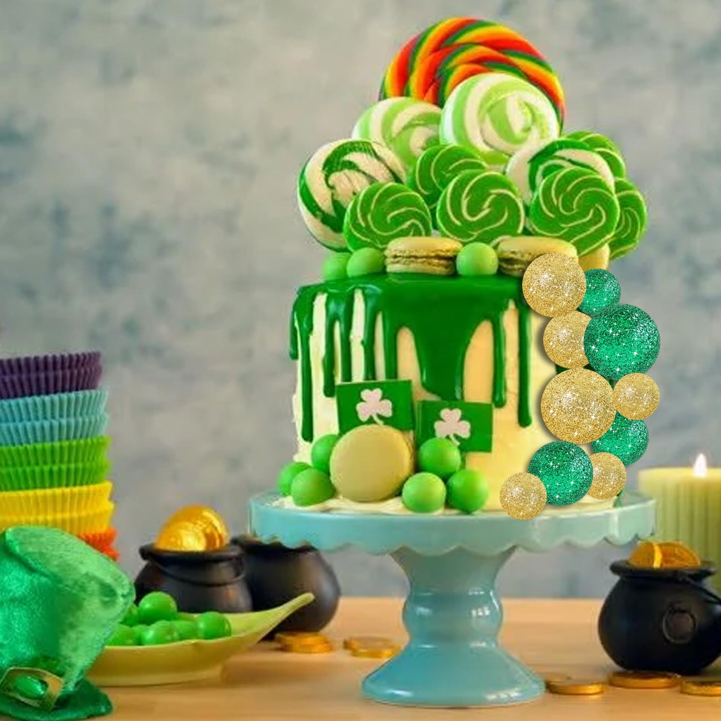 40 Pcs Ball Cake Toppers Mini Balls Cake Decorations Green Gold Foam Balls Sticks DIY Cake Topper for St Patrick's Day Congrats Grade 2026 Graduation Birthday Decorations (40 Count)