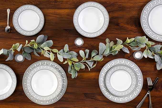 Dinnerware Set for 8-49 Piece Vintage Porcelain Dish Set - White and Silver Greek Key Design - Luxurious Tableware - For Everyday Use or Formal Occasions (Meander Silver 2049)