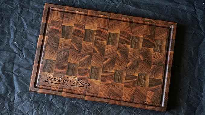 Personalized End Grain Walnut Cutting Board, GrainWoods Handcrafted Wood Kitchen Chopping Block (18x12x2 Inches)